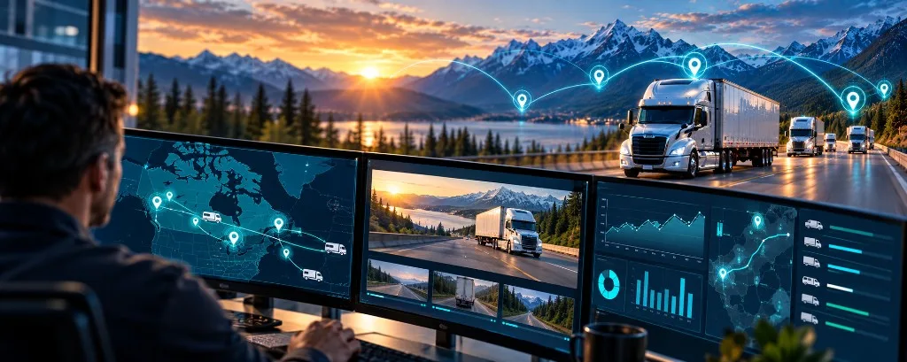 Répartiteur devant les cartes, la vidéo et les graphiques ValenInsights, avec un convoi suivi sur une autoroute de montagne au coucher du soleil