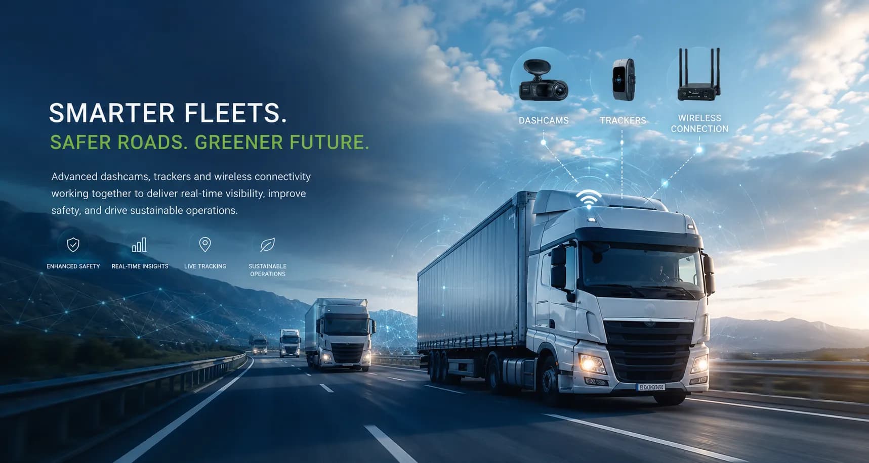Fleet truck on the highway with dashcam, tracker, and wireless connectivity overlays