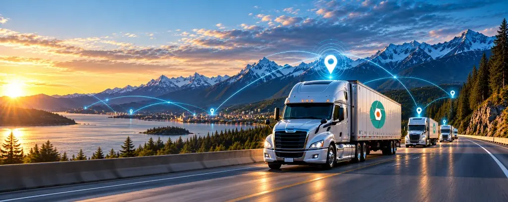 Convoi de camions sur une route côtière au coucher du soleil, avec des repères de position et des montagnes au-delà de l'eau