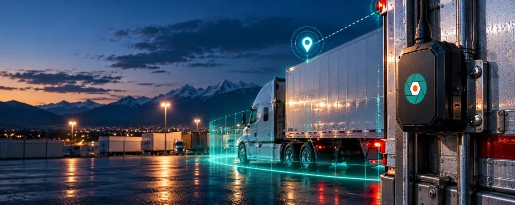安装在拖车门上的 ValenTrack GPS 设备,黄昏时卡车被实时定位围栏标出