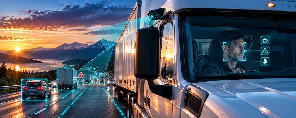 Conducteur de camion surveillé dans la cabine, avec la circulation de l'autoroute encadrée au coucher du soleil