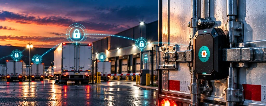 E-lock ValenLock en la puerta de un remolque en el muelle, con candados sobre remolques sellados al atardecer